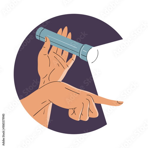 Hands with a flashlight. A woman exposes secrets, deceit and betrayal. Take by surprise. Expressive hand gesture. Search concept. Vector illustration