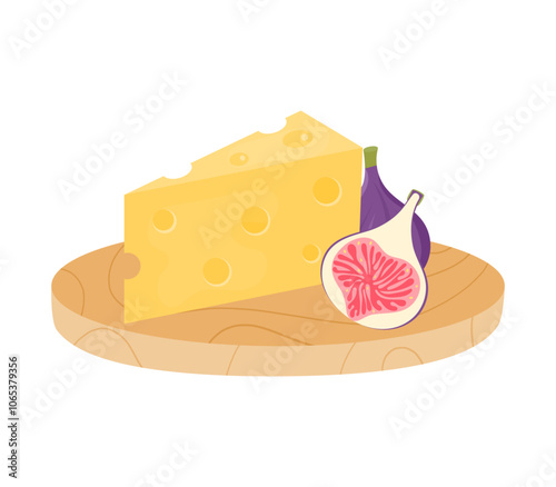 Cheese maasdam with figs on white background. Pieces of hard cheese on plate. Cheese with holes. Vector illustration.