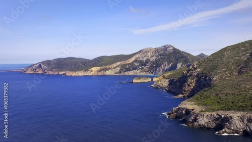 Ibiza Coast Landscape with Bays and Turquoise Water with Clear Blue Skies – Rising Drone Pan Left 