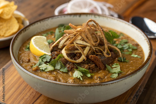 Haleem or Hareesa is a type of stew that is widely consumed in South Asia, the Middle East and Central Asia.  photo