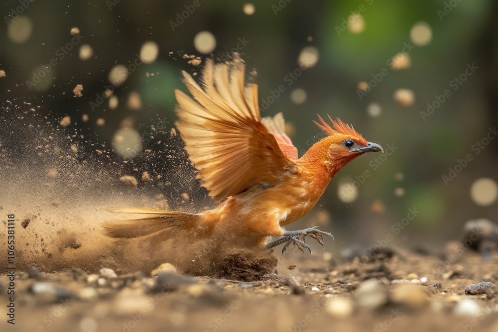 A Crimson Bird Taking Flight Amidst Dust and Light A Crimson Bird Taking Flight Amidst Dust and Light