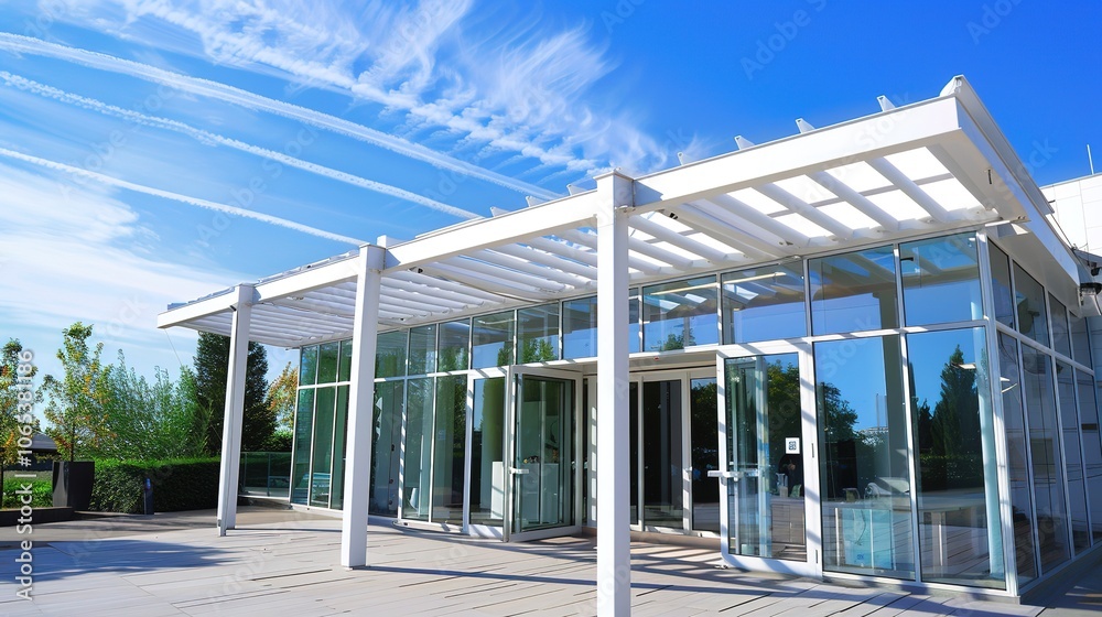 Obraz premium A White and Spacious Outdoor Building - a bright and inviting visual. The spacious design creates an open and airy atmosphere.