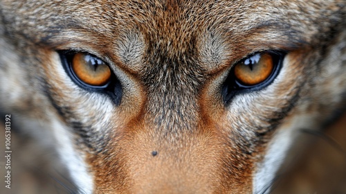 Close-up of a coyote's piercing yellow eyes.