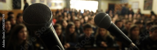 Wallpaper Mural a school hall filled with numerous students, with a blurred background. In the foreground, two microphones are visible Torontodigital.ca