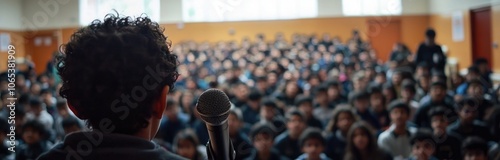 Wallpaper Mural school hall filled with numerous students, with a blurred background. In the foreground, two microphones are visible Torontodigital.ca