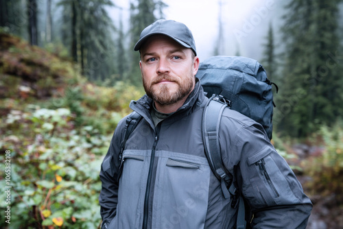 Canadian male ranger patrolling at foggy dense forest for conservation