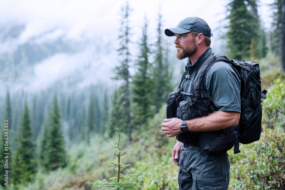 Fototapeta premium Canadian male ranger patrolling at foggy dense forest for conservation