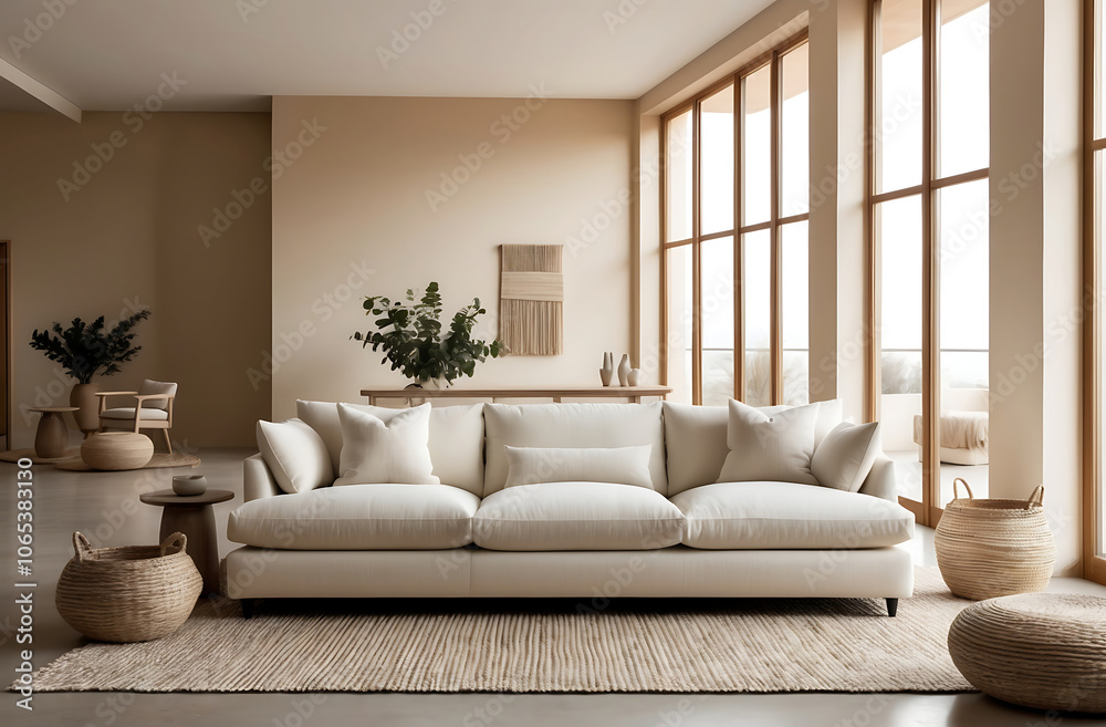 Fototapeta premium Elegant Modern Room with a Comfortable Sofa, Subtle Natural Tones, and Large Windows Highlighting an Open, Airy Ambience.