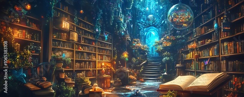 A mystical library where each book contains a different dream world, with characters and scenes spilling out of the pages, enchanting and detailed, digital painting photo