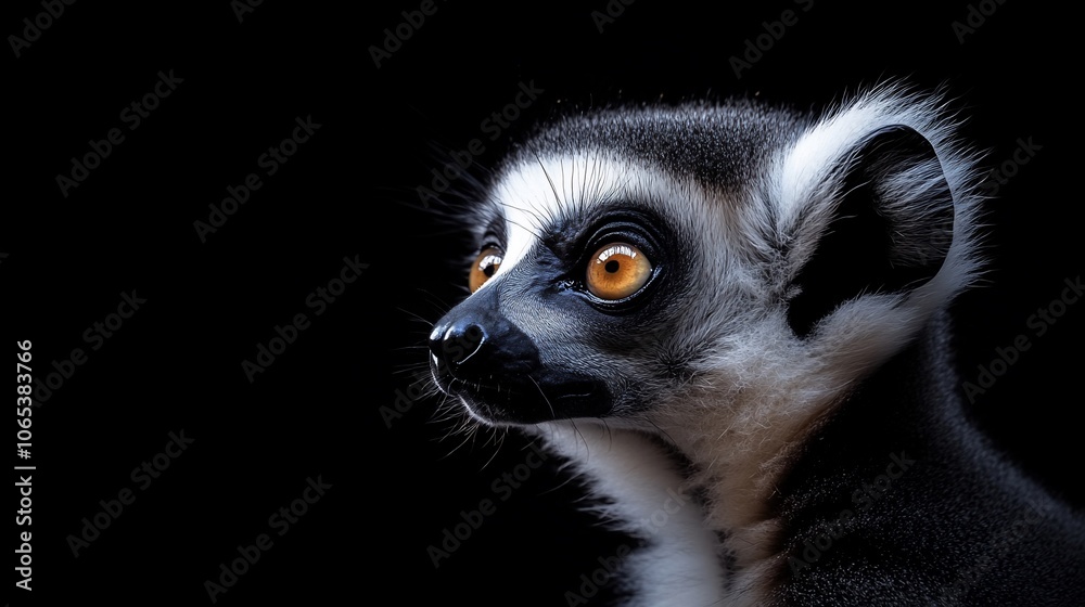 Naklejka premium A curious ring-tailed lemur with bright orange eyes stares intensely into the distance against a black background.