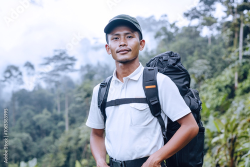 Indonesian male ranger patrolling at foggy dense forest for conservation