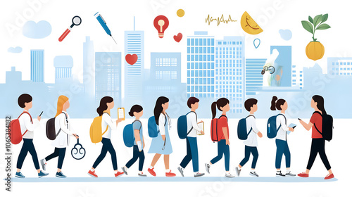 Health awareness campaign illustration featuring diverse students walking