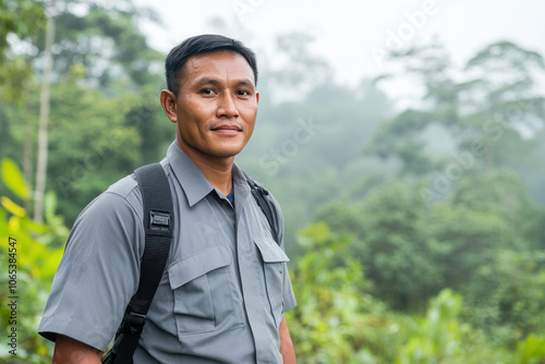 Malay male ranger patrolling at foggy dense forest for conservation