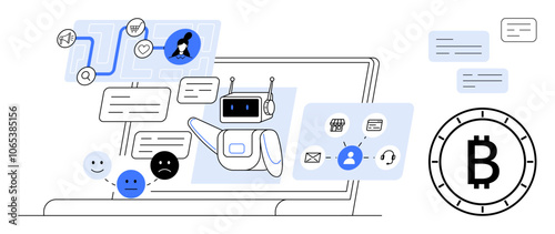 AI chatbot responding to messages, cryptocurrency symbol, and connected icons on a digital interface. Ideal for technology, AI communication, chatbot integration, cryptocurrency, blockchain