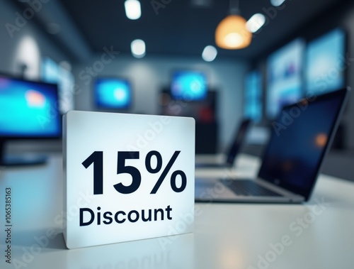 15 discount sign in a modern electronics store.