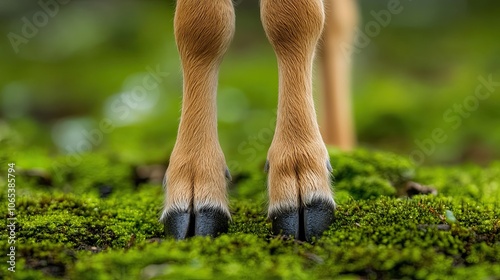 Closeup of deer hooves on moss.