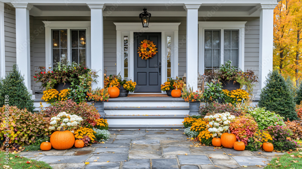 Fototapeta premium A traditional farmhouse with an inviting entrance, showcasing autumn decorations for Thanksgiving.
