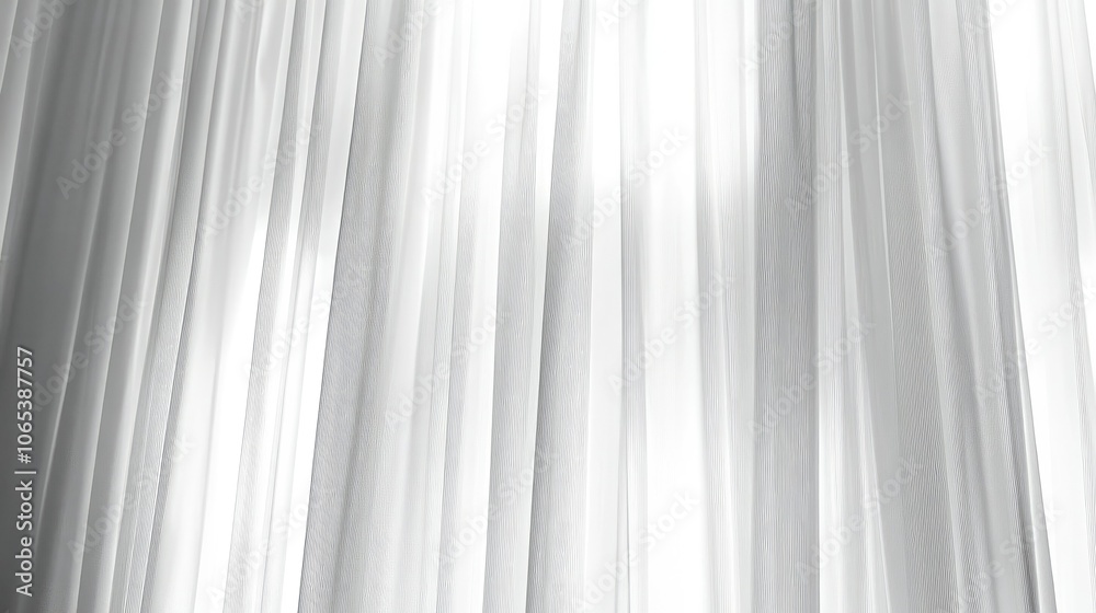 Obraz premium Modern vertical blinds in soft gray, hanging gracefully on a white background, perfect for sleek, contemporary interiors.