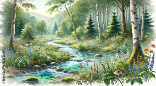 A serene landscape depicting a crystal-clear stream flowing through a lush, vibrant forest teeming with colorful flowers and trees.