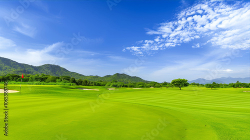 Beautiful green grass field with a blue sky and mountain 