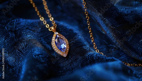 Elegant blue marquise Swarovski necklace with golden chain on velvet