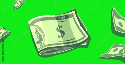 animation of hundreds of dollar bills scattered on a green screen background.
