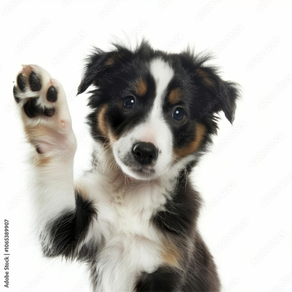 Cute puppy waving with its paw on a white background Cute puppy waving with its paw on a white background