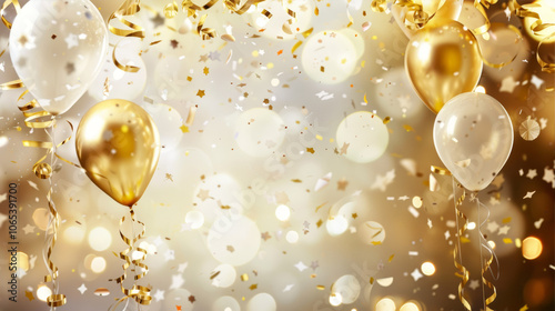 Modern white and gold birthday background with balloon