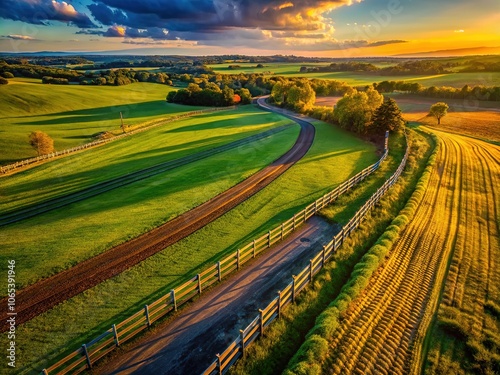 Aerial Fenceline Photography, Rural Landscape, Property Lines, Farmland, Agricultural, High Angle, Drone Shot photo