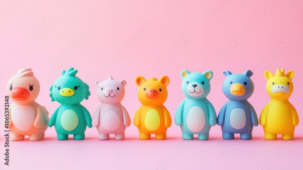 Naklejka premium Colorful animal figurines standing in a line on a pastel background, creating a cute and playful arrangement