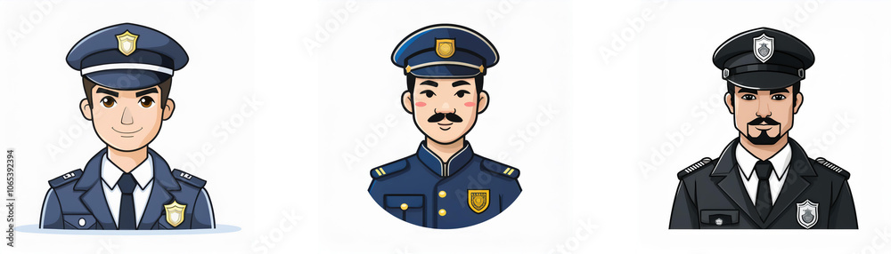 Three male cartoon characters wearing police uniforms with different expressions. Three male cartoon characters wearing police uniforms with different expressions.