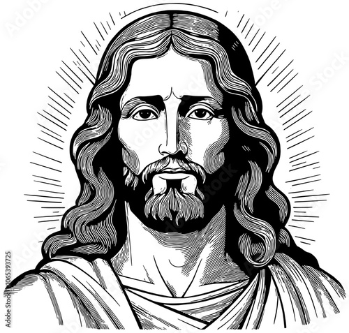 Illustration in black of Jesus Christ, isolated. 