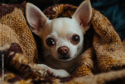 Cozy chihuahua snuggled in warm knitted blanket