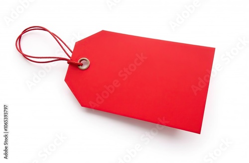 A vibrant red tag featuring a smooth surface and a secure tie, perfect for labeling items and enhancing organization. black background  photo