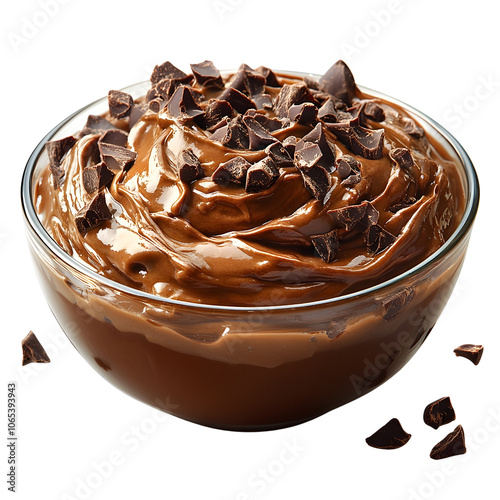 Delicious, creamy chocolate mousse topped with dark chocolate shavings in a glass bowl. Isolated on white background, transparent background