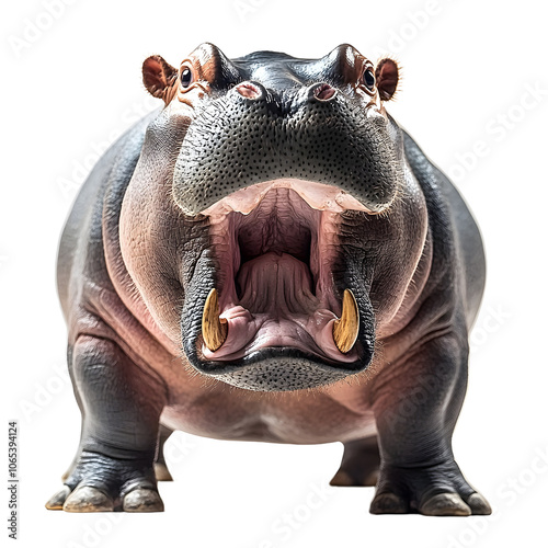 Close-up of a hippo with its mouth wide open, showcasing its large teeth and powerful jaws. The detailed, high-resolution image captures the animal's strength and presence, white backgroun