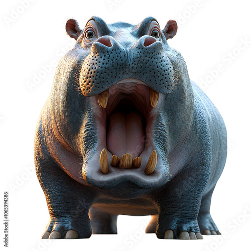 Close-up of a hippo with its mouth wide open, showcasing its large teeth and powerful jaws. The detailed, high-resolution image captures the animal's strength and presence, white backgroun