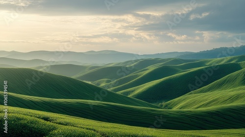 Expansive green tea fields on rolling hills at dawn, bathed in soft morning light, creating a tranquil scene