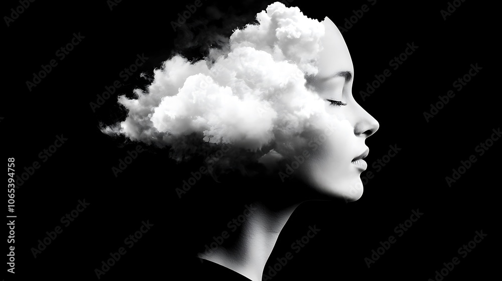 Woman's Profile with Clouds in Her Head. Woman's Profile with Clouds in Her Head.