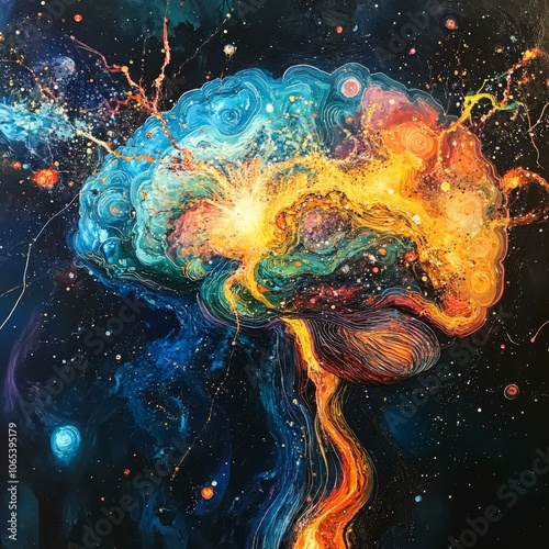 Colorful Abstract Brain in Motion with Cosmic Elements