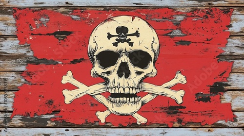 Pirates Jawless Skull and Bones Aged Flat Flag. Pirate ship concept photo