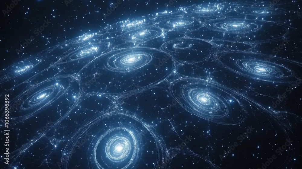 Obraz premium Cosmic Geometry: Dark space blue background with glowing white geometric stars and spirals. 
