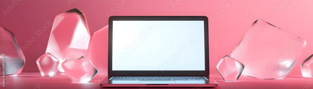 Obraz premium Laptop Computer Surrounded by Crystal-Like Objects on a Pink Background