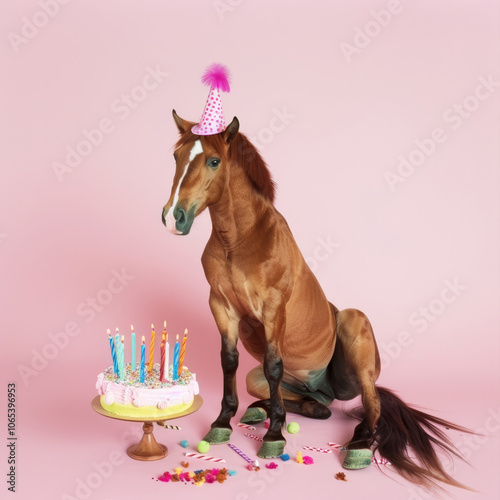 horse sits in a birthday cap in front of a cake with candles
