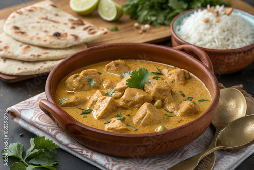 Indian chicken Korma with basmati rice close-up on the table. photo