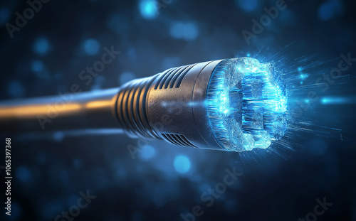 Close-Up Of A Fiber Optic Cable With Illuminated Blue Light Fibers And Circular Glass Structures Reflecting Sparkling Bokeh In The Background