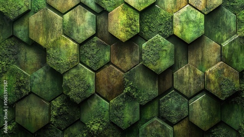 Lush Forest: Deep green hexagons with moss textures overlaid, like a forest canopy from above. 