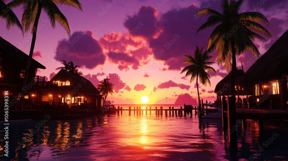 Obraz premium Tropical paradise with palm trees, a sunset, and a pier with boats at dusk