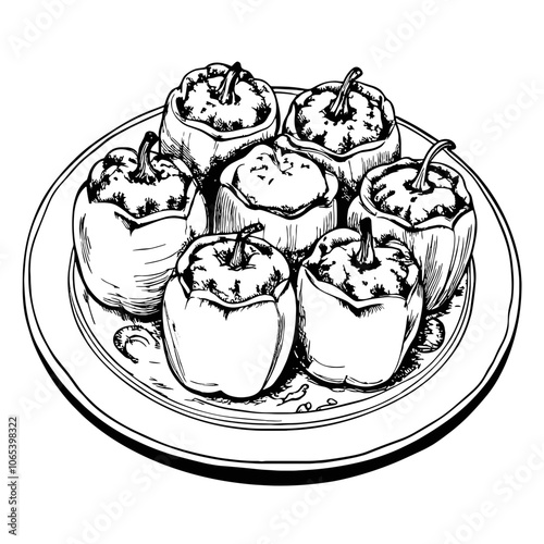Stuffed Peppers on a Plate in Line Art Style  