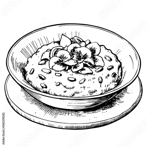 Creamy Risotto with Flowers and Nuts in a Sketch Style  